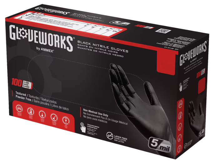 DISPOSABLE GLOVES, MEDIUM, BLACK, NITRILE, POWDER-FREE, 5 MIL, GLOVEWORKS, 100/BOX MAIN